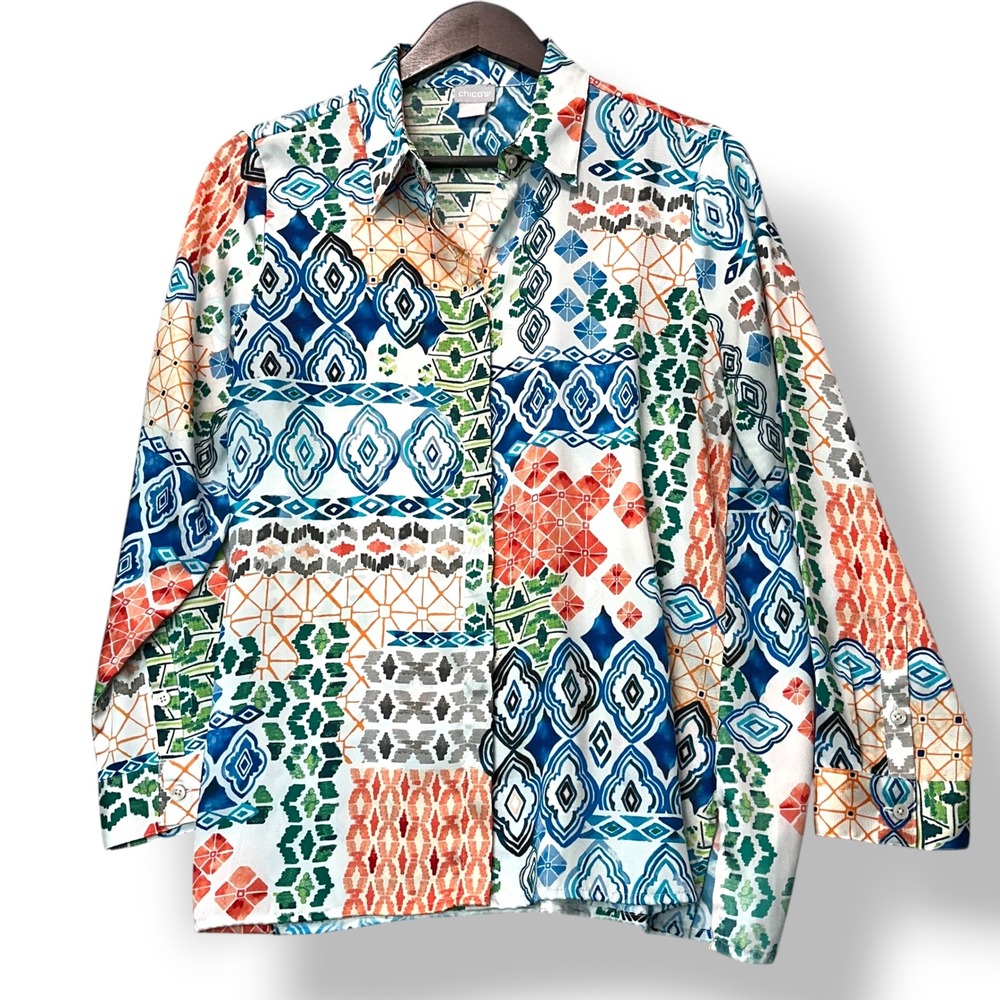 Chicos Women's Multicolor Patchwork Button Down Long Sleeve Top Size 1 US 8/10